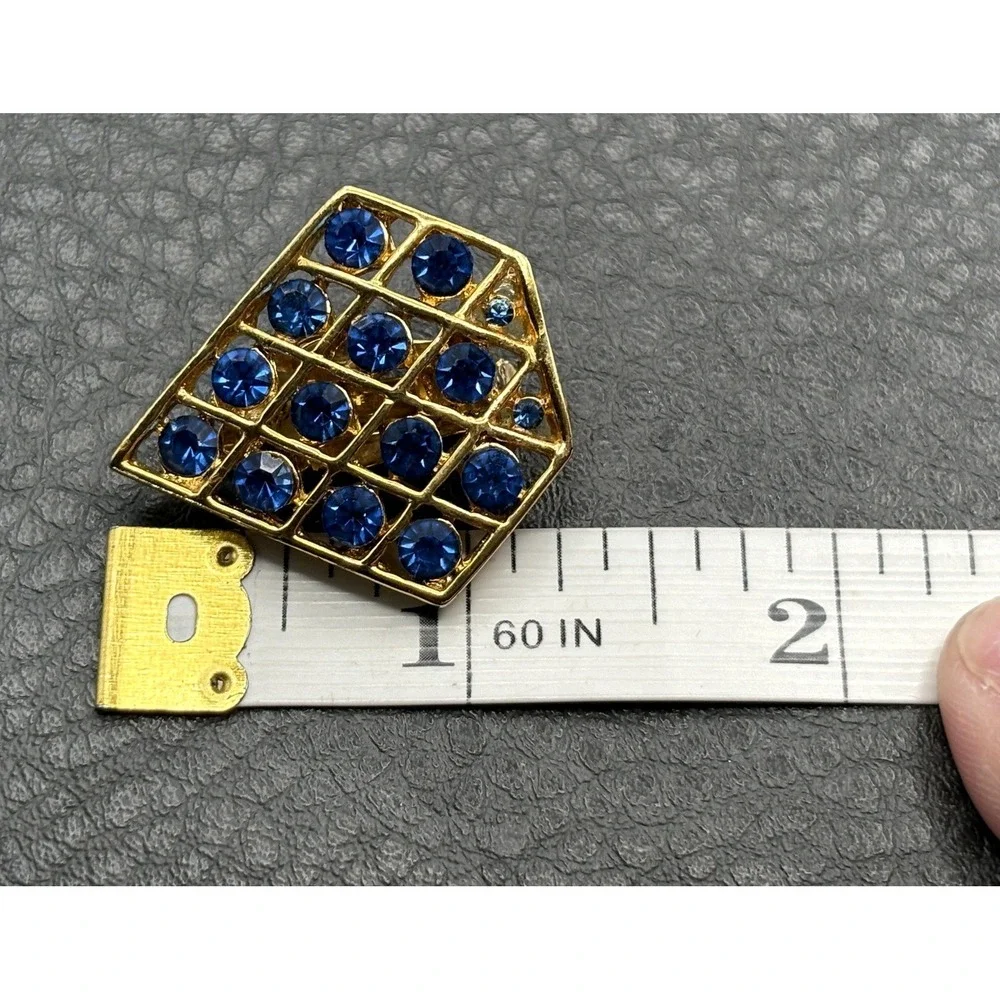 Vintage 80s Blue Rhinestone Gold Tone Diamond-Shaped Clip-On Earrings